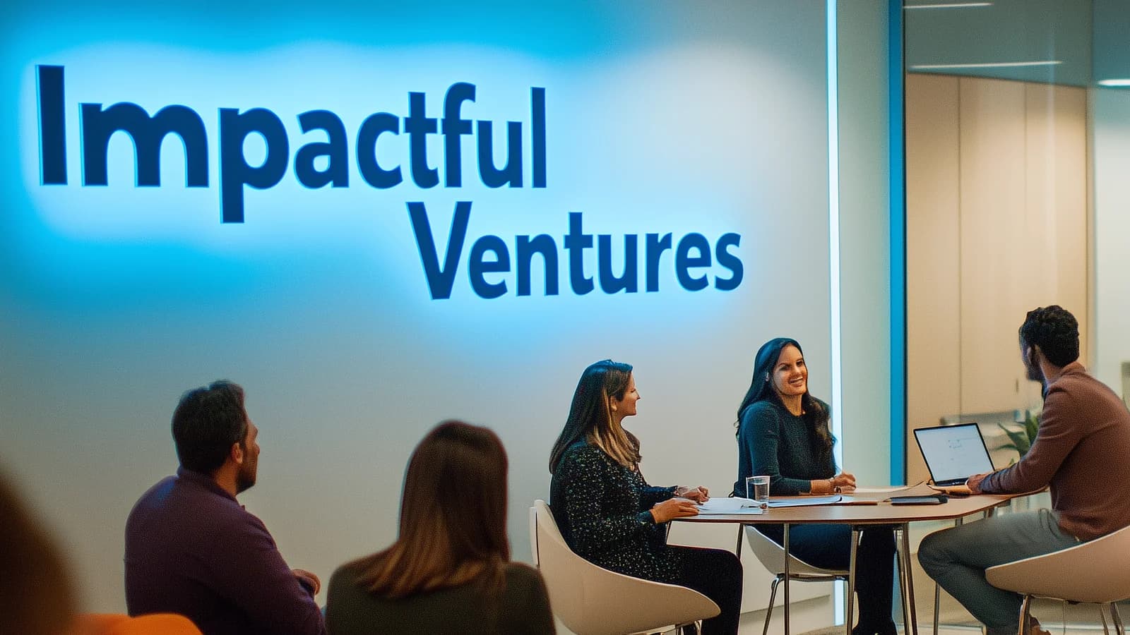The Impactful Ventures office with the wall sign behind a meeting table