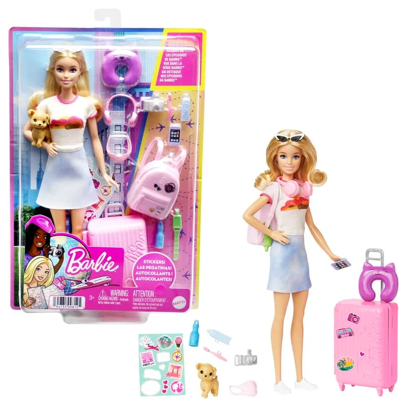 Barbie Doll And Accessories, 'Malibu' Travel Set With Puppy And 10+ Pieces Including Working Suitcase