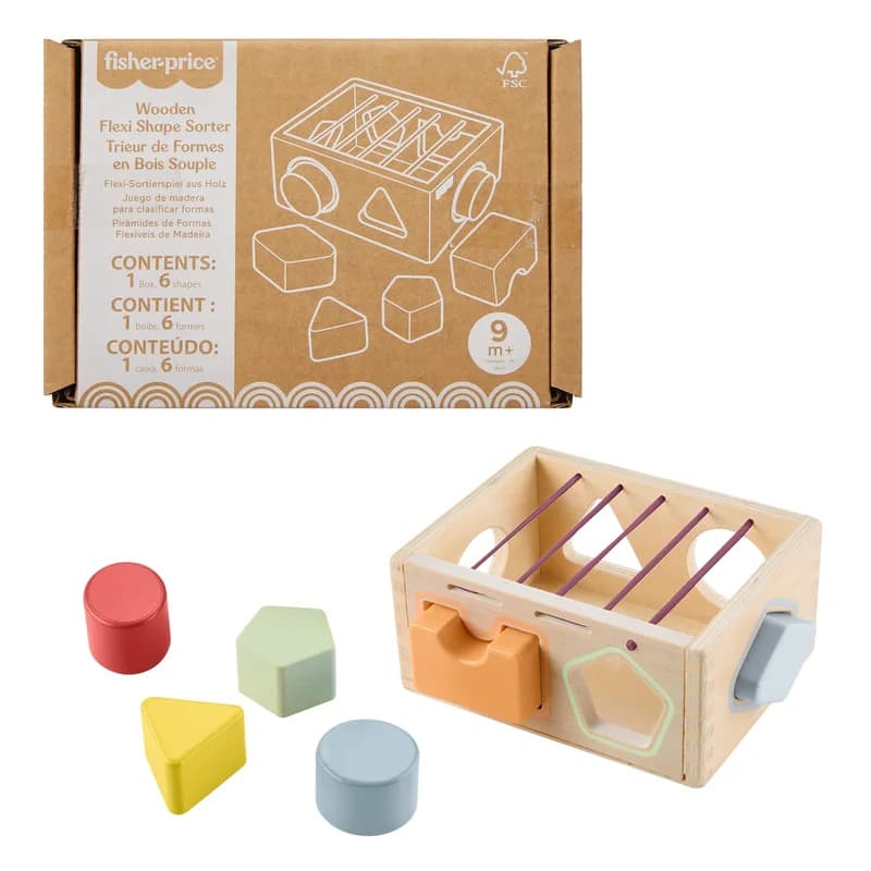 Fisher-Price Wood Flexi Shape Sorter, 7-Piece Wooden Baby & Toddler Activity Toy