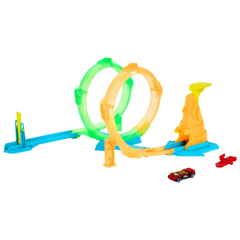 Hot Wheels Neon Speeders Double Loop Dash Track Set With 1:64 Scale Toy Car