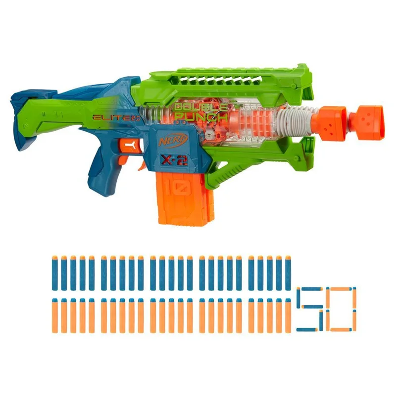Nerf Elite 2.0 Double Punch Dart Blaster, 50 Nerf Elite Darts, 2x 10-Dart Clips, Motorized Nerf Blaster, Ages 8+